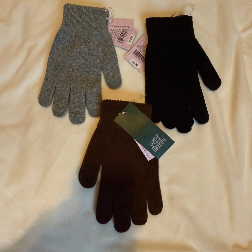 Wild Fable Womens Touchscreen Knit Gloves 3 Pair Bundle Black Gray Brown NWT